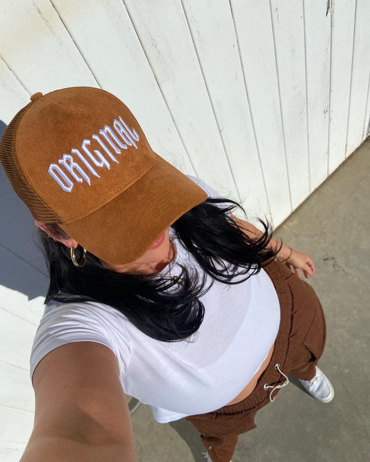 suede trucker hat in CAMEL