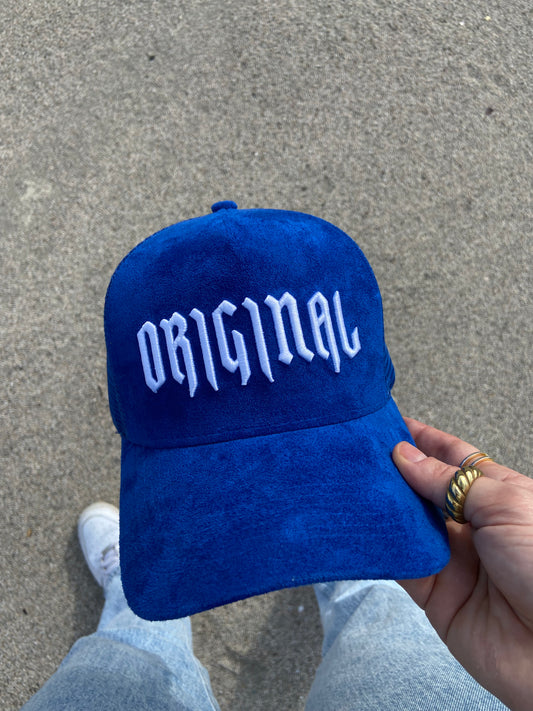 suede trucker hat in COBALT