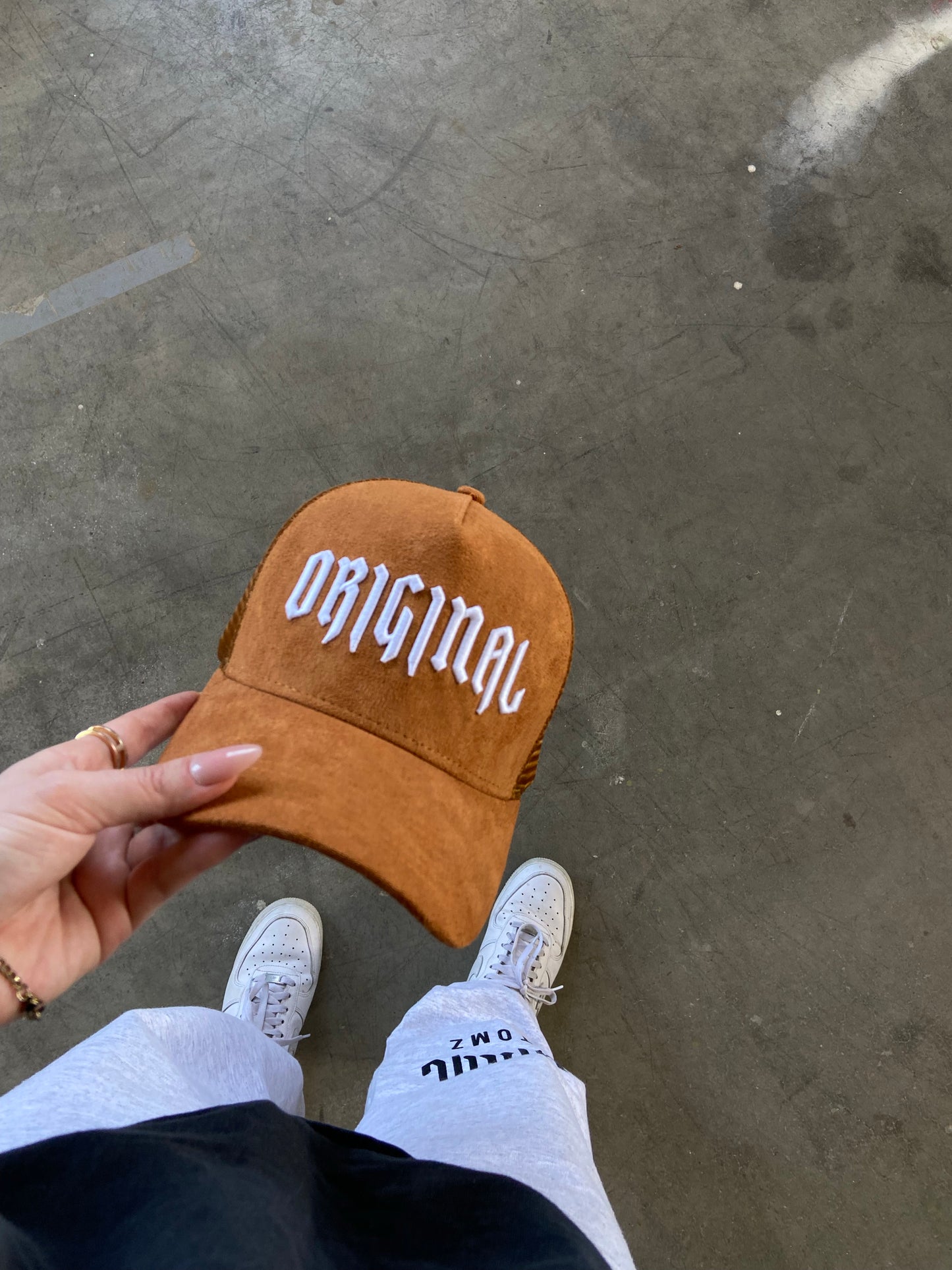 suede trucker hat in CAMEL